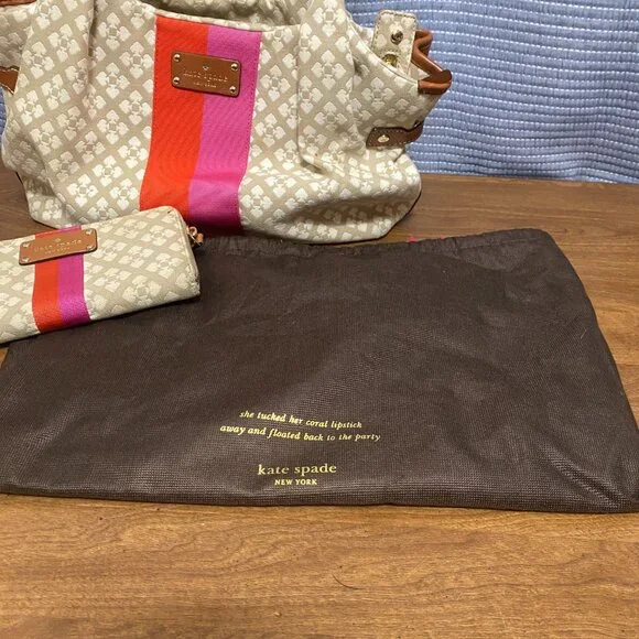 Large Kate Spade Tote Bag Brown Leather & Canvas W/ Wallet & Dust Bag - Picture 2 of 13